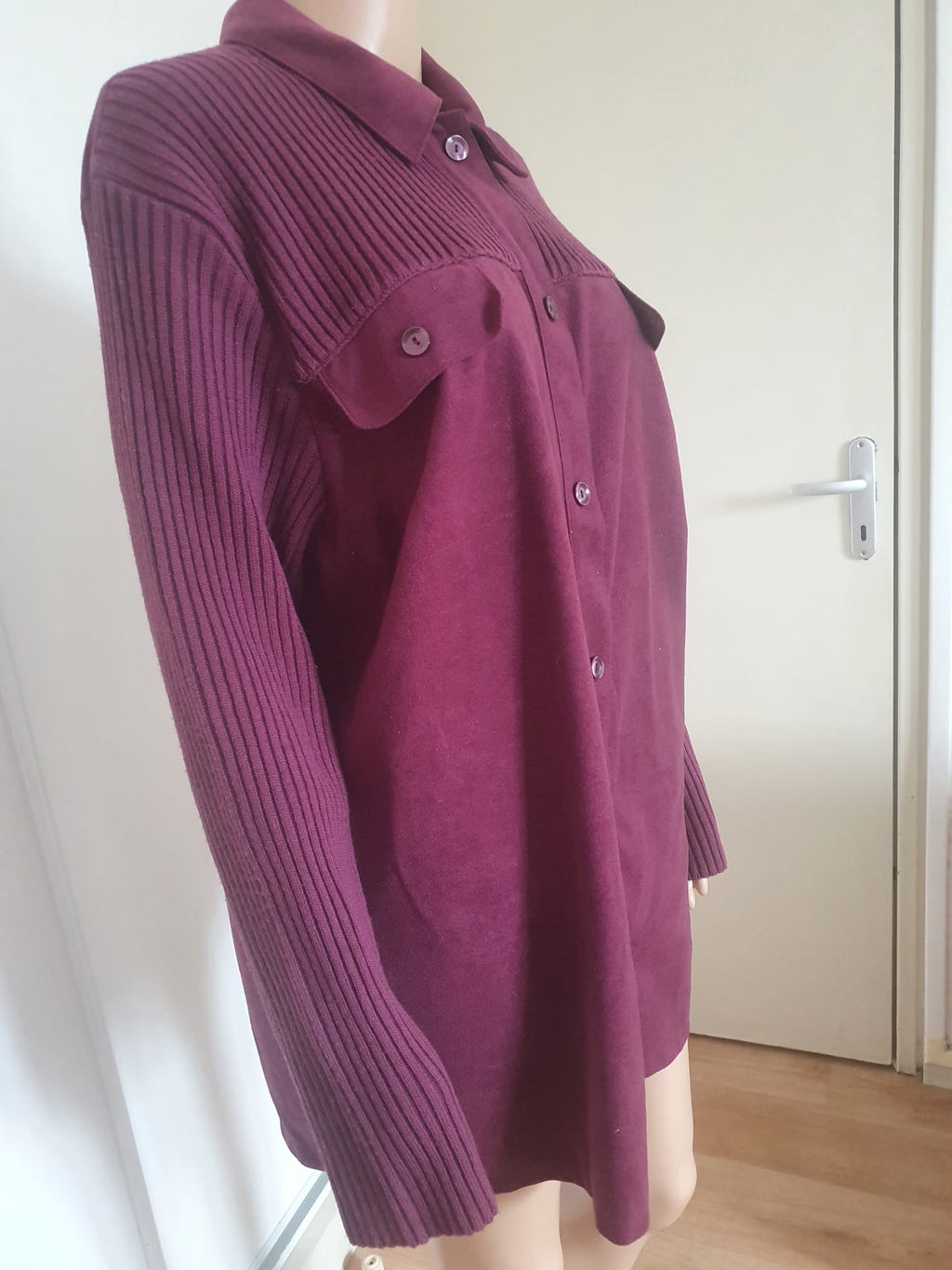Surchemise Femme Bordeau / Prune Damart – Veste-Chemise Bi-Matière Suédine & Mailles T44 / 46