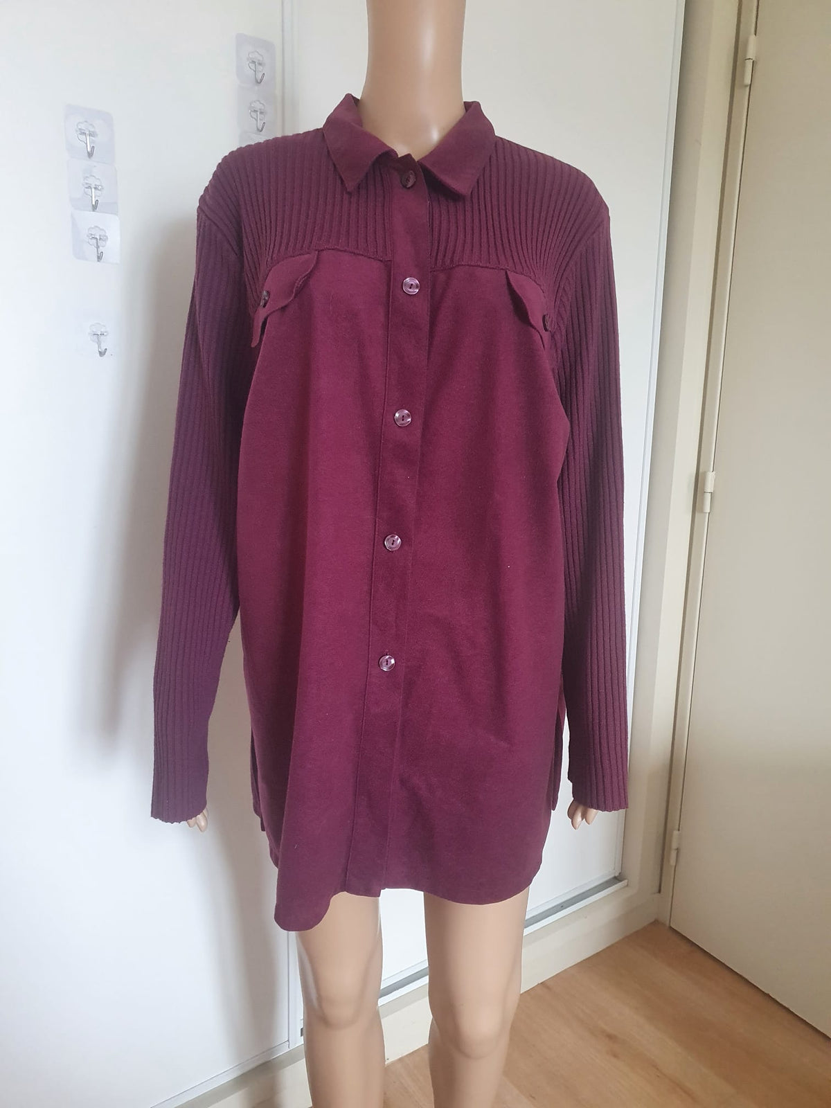 Surchemise Femme Bordeau / Prune Damart – Veste-Chemise Bi-Matière Suédine & Mailles T44 / 46