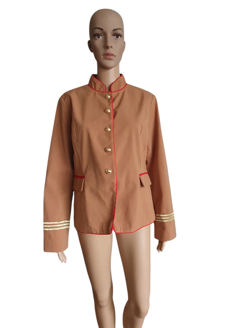 Anany women's camel military style blazer, officer jacket with gold buttons, structured fit, size US 10, chic professional wear