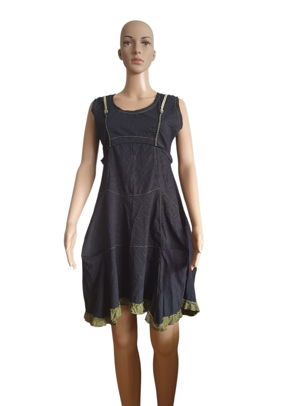 Black sleeveless pinstripe dress, size 40, La Mode est à Vous, Arty Lagenlook style with neon green topstitching and ruffled trim
