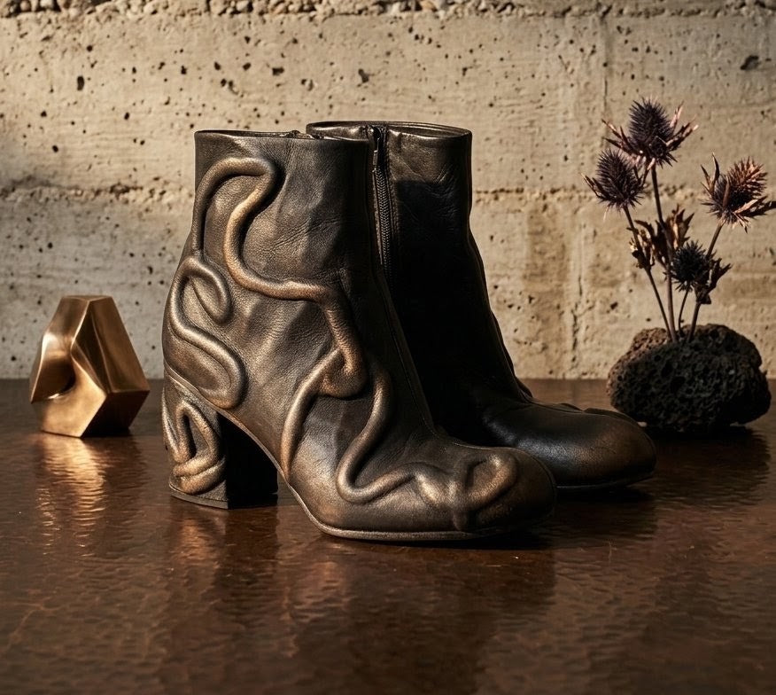 Bottines en Cuir de Créateur Papucei – Modèle Sculptural Noir & Bronze - Pointure 40. Odalocca 