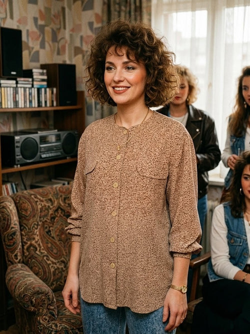 Chemise Vintage Apostrophe en Soie Beige et Marron – Fabriquée en France – Taille 44