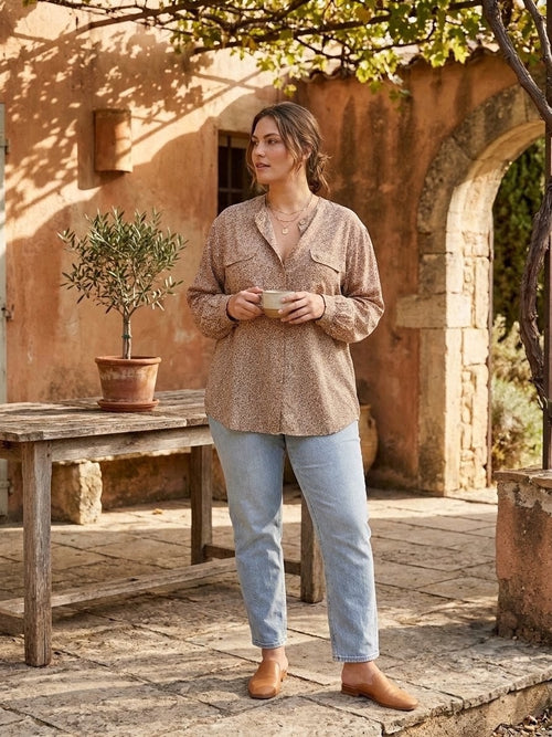 Chemise Vintage Apostrophe en Soie Beige et Marron – Fabriquée en France – Taille 44 . Odalocca 