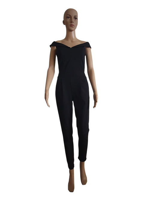 Elegant Black Bardot Jumpsuit / Off-the-shoulder Evening Jumpsuit.