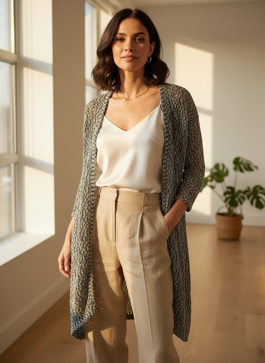 Gilet long mailles ajourées style Boho romantique.  LTB
