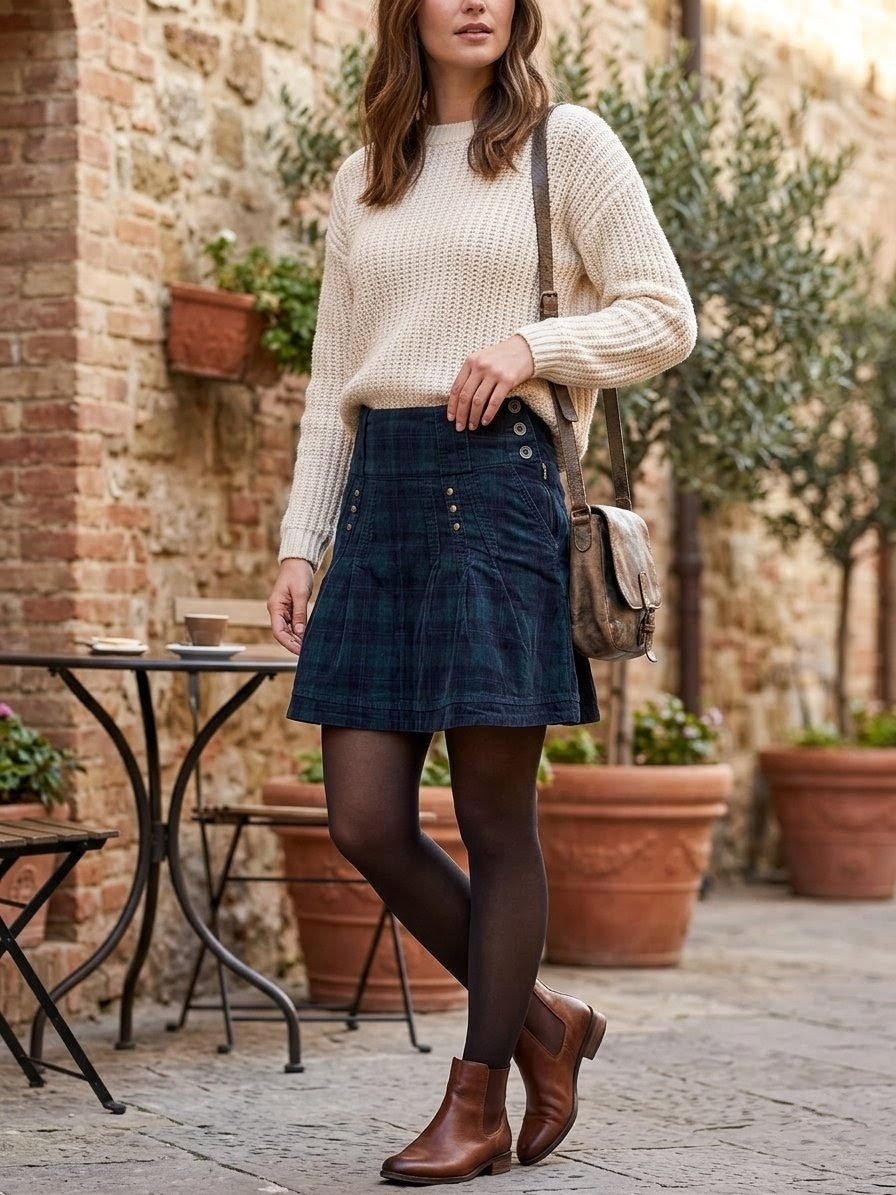 Jupe Courte en Velours Côtelé Écossais- Style Preppy & Vintage- Camaïeu- T36- Odalocca 