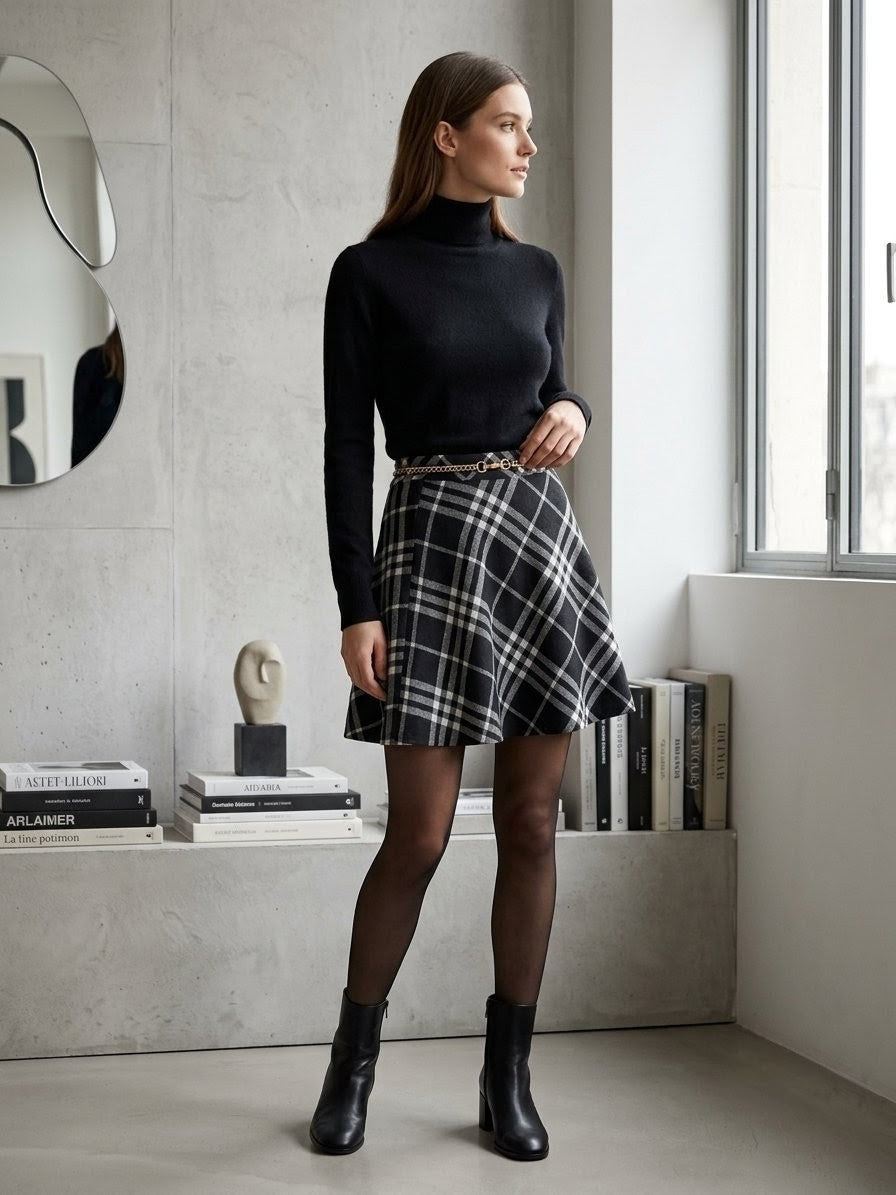 Jupe Patineuse Évasée à Carreaux Tartan Noir et Blanc – FB Sister T34- Odalocca 
