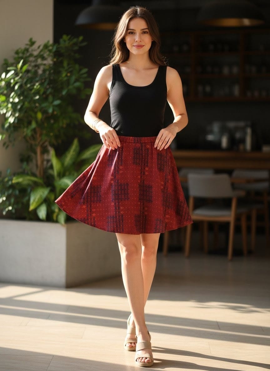 Jupe courte rouge KÉAWA motifs ethniques taille S/M