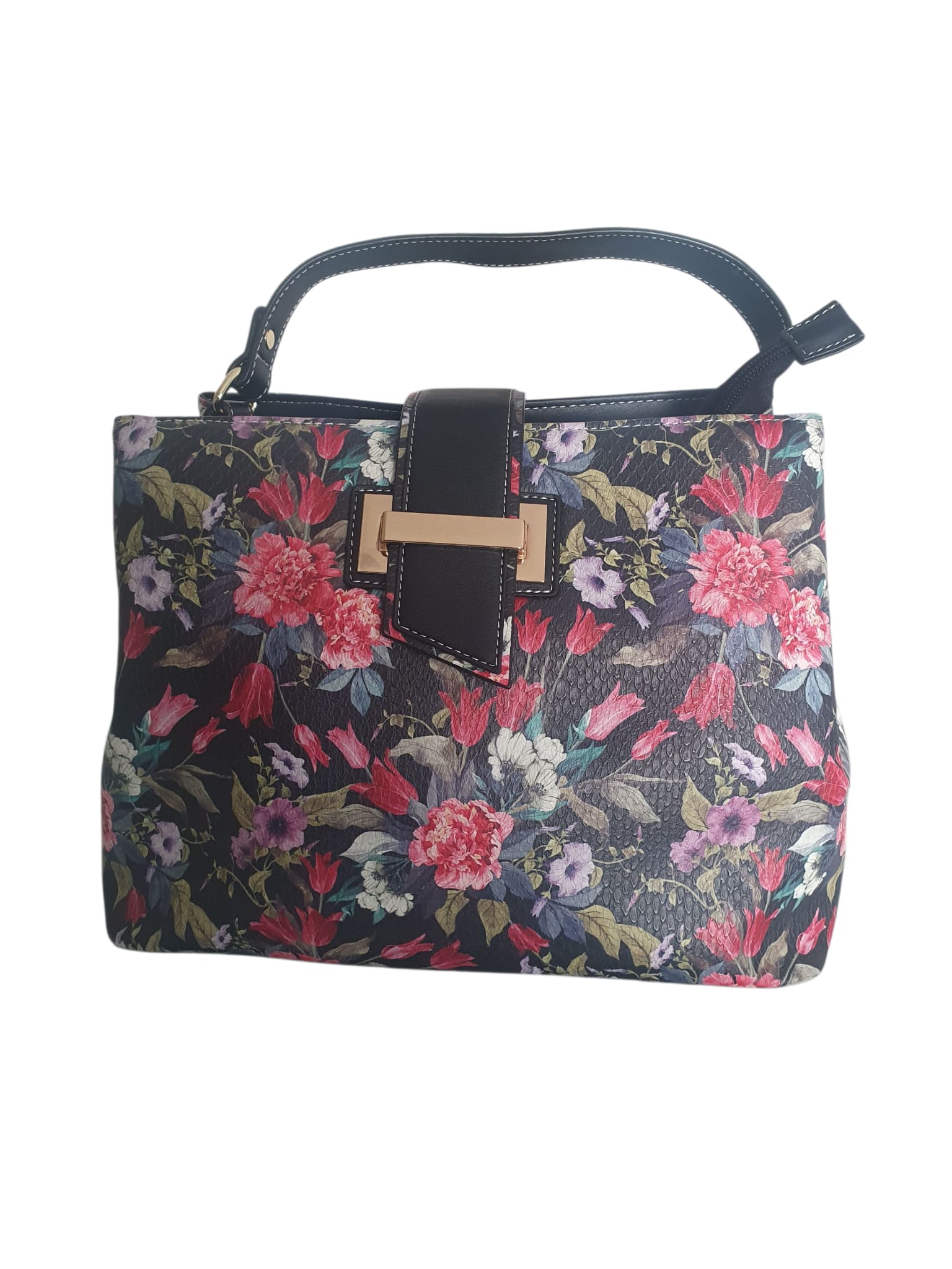 Laura Vita luxury floral handbag in textured black leather with colorful peony and tulip patterns, gold-tone hardware, and artistic bohemian design.