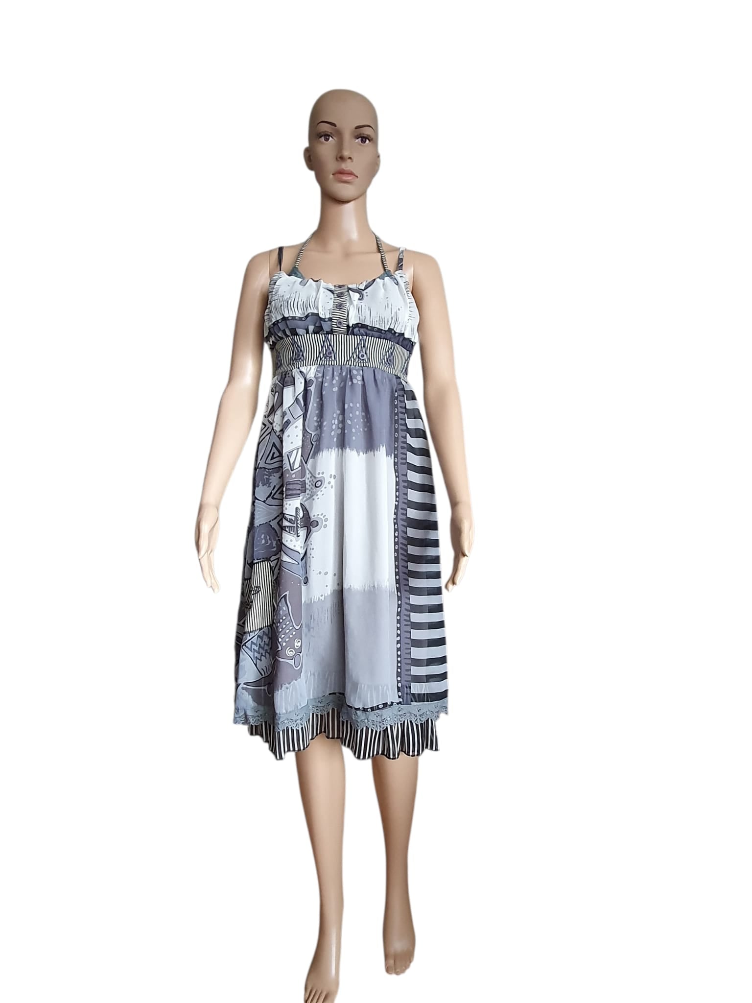 Lulu H Paris summer dress, grey and white geometric print, bohemian chic style, halter neck. US 4 /UK 8