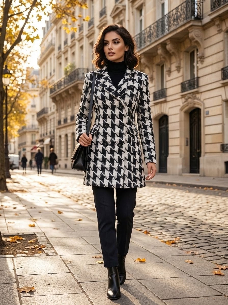 Manteau Pied de Poule Femme Noir et Blanc | Fabriqué en Italie T38. Odalocca 