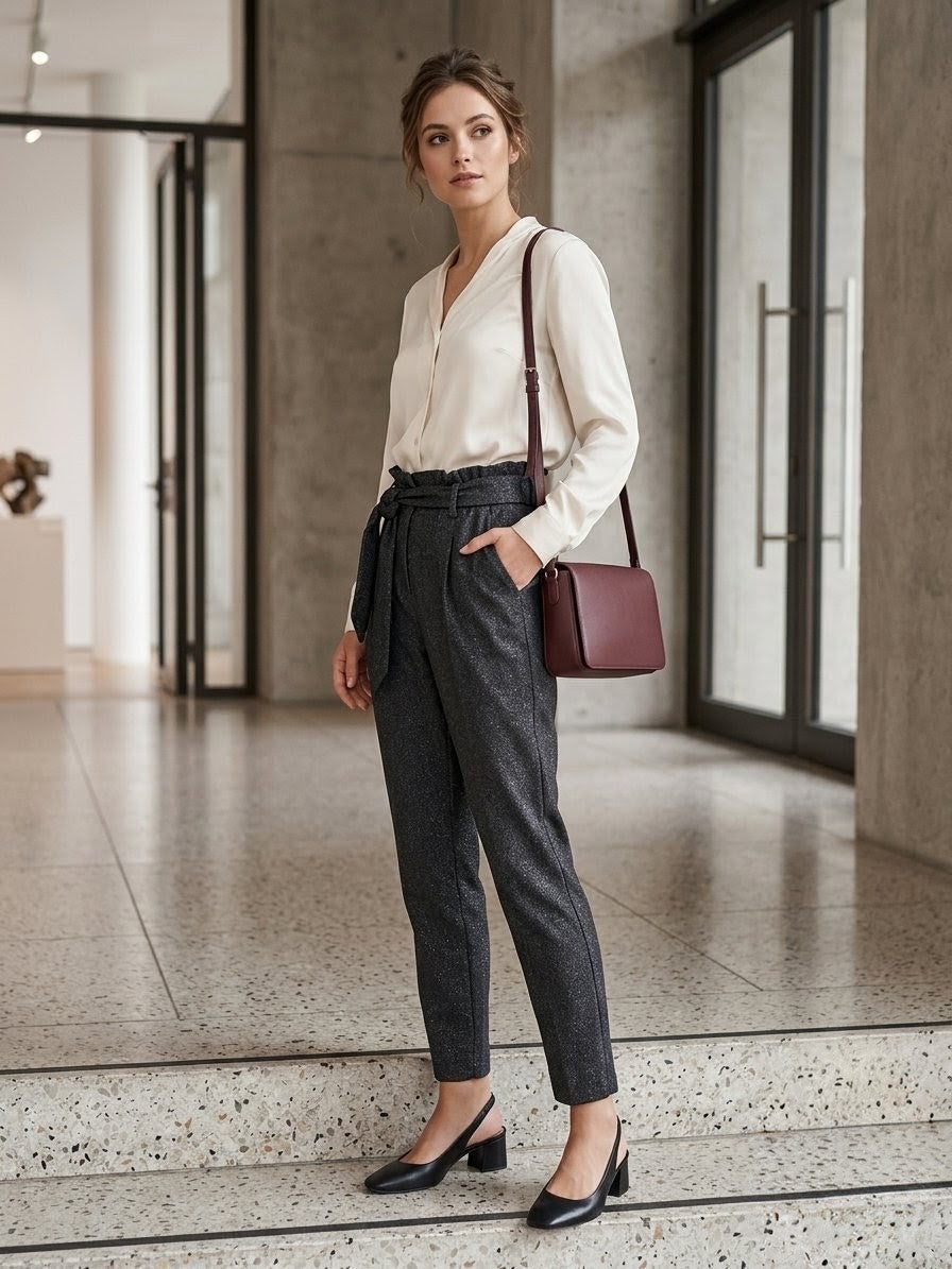 Pantalon Carotte Gris Anthracite Moucheté Taille Haute - Taille 36.  Odalocca