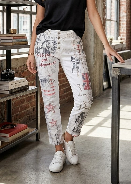 Pantalon Droit Blanc Imprimé Graffiti – Made in Italy - T40. Odalocca 