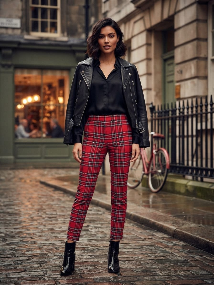 Pantalon Écossais Rouge Femme Taille Haute Imprimé Tartan - T42. Odalocca 