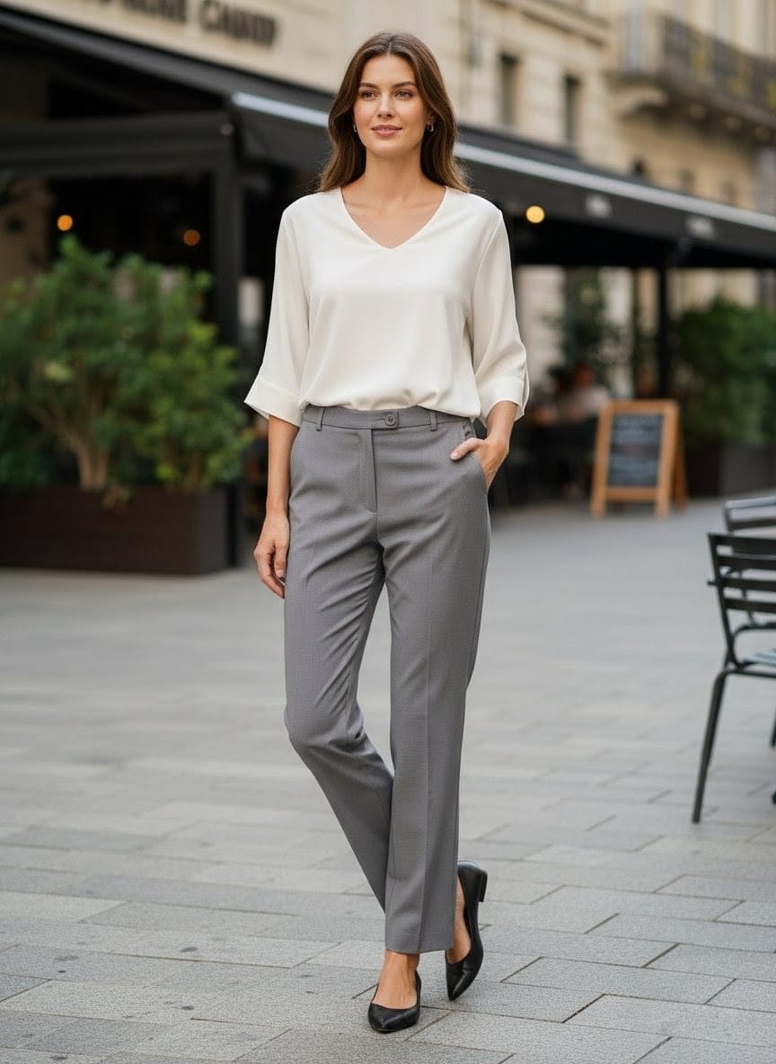 Pantalon droit gris Un Jour Ailleurs en laine légère avec taille élastiquée