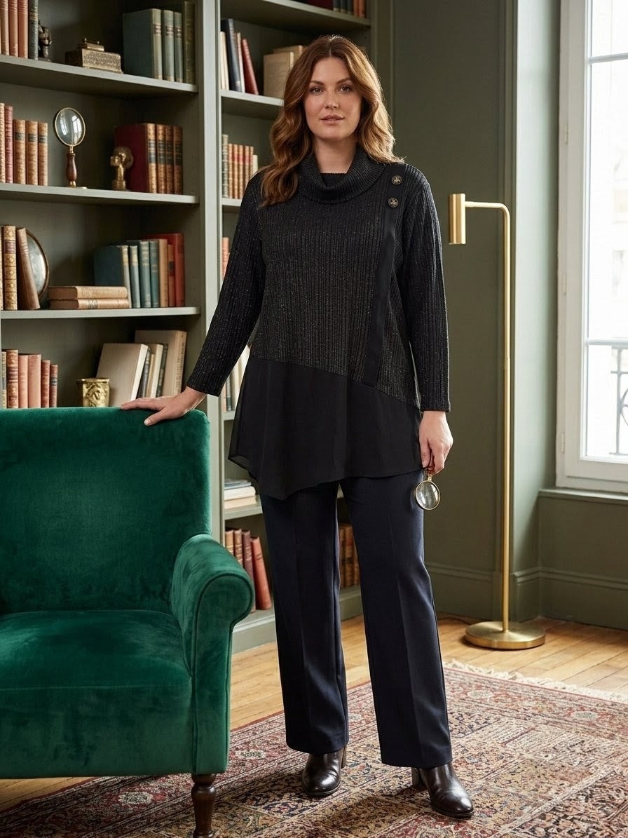 Pull Tunique Noir Scintillant – Coupe Asymétrique & Col Bénitier Chic T46.  Odalocca 