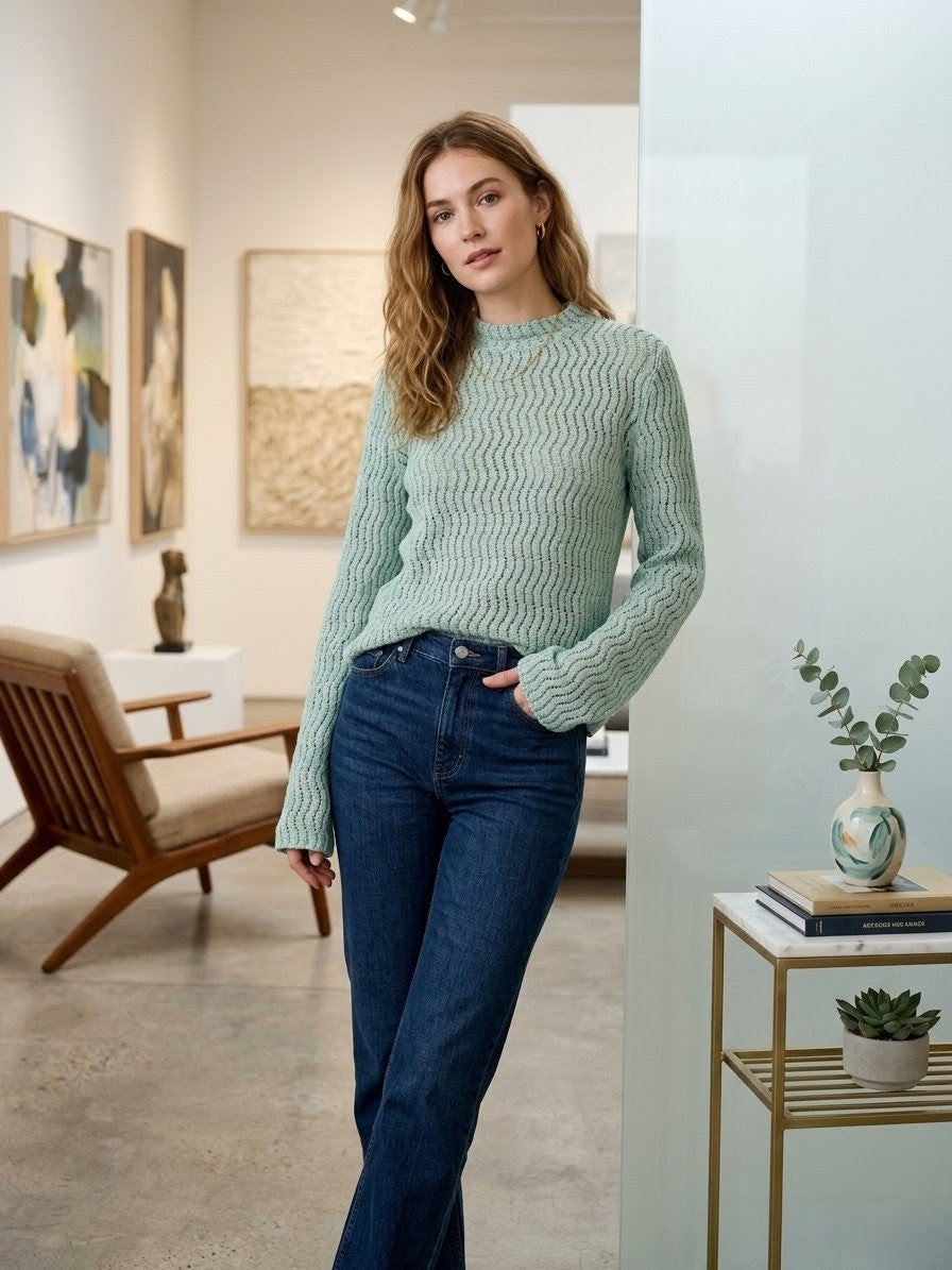 Pull Vert Sauge Maille Ajourée Cache Cache - Taille XL