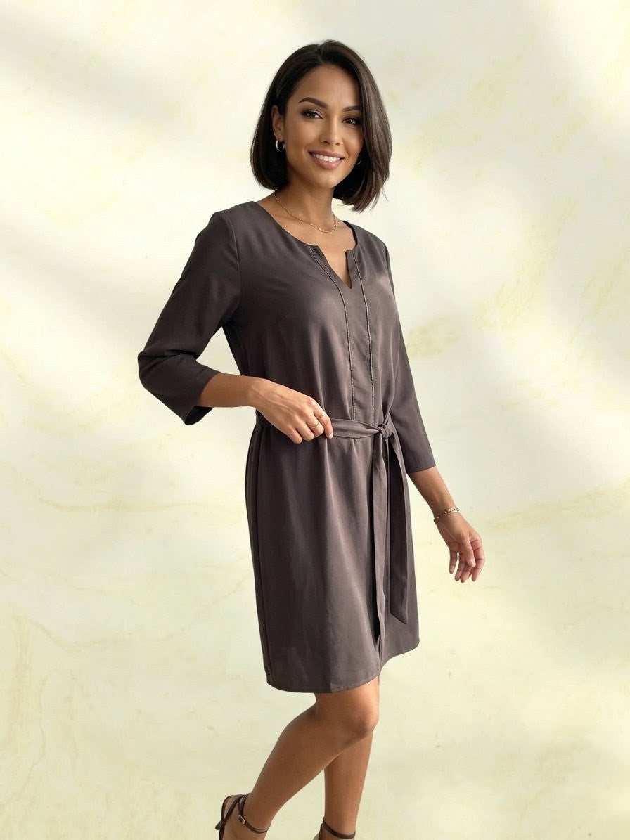 Robe Courte Marron Glacé Foncé Camaïeu – Style Tunique à Plastron Perlé T38