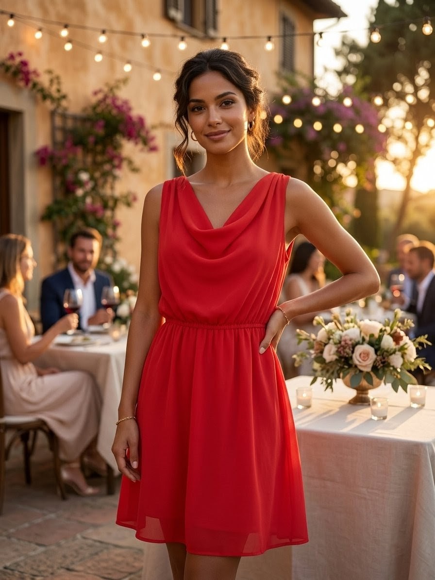 Robe Courte Rouge Fluide - Coupe Italienne & Dos Nu Bijou T38.  Odalocca 