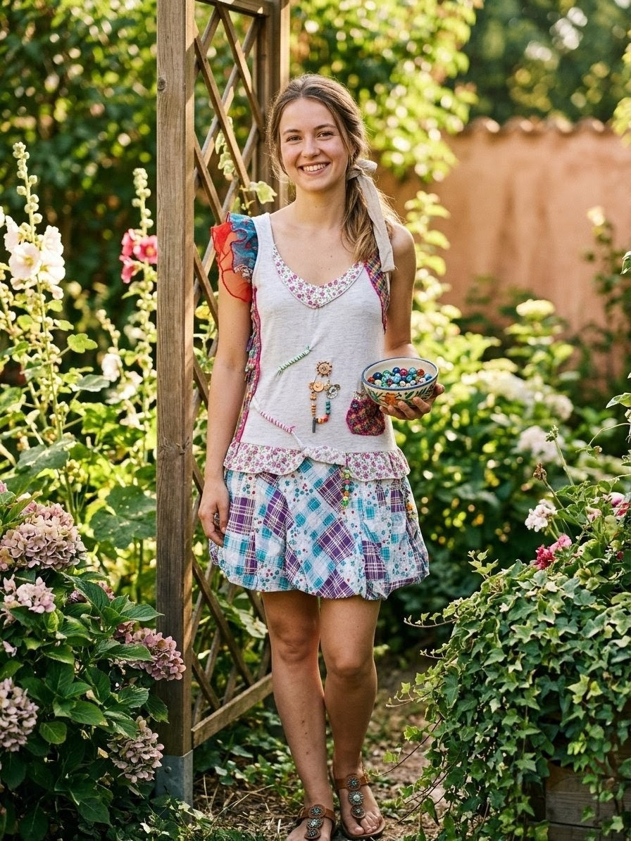 Robe "Jardin Bohème"- Création Arty en Coton Patchwork T38.  Odalocca 