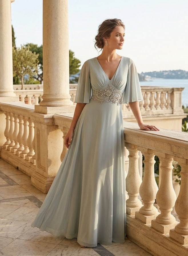 Robe Longue de Cérémonie Vert Sauge & Strass – Rinascimento Taille S| Tenue d'Invitée & Mariage. Odalocca 