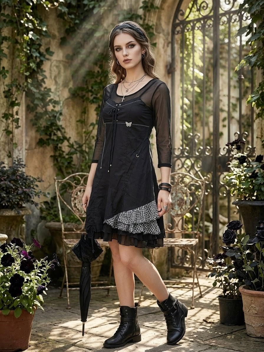 Robe Noire Bohème Rock K Woman - Style Mesh & Corset - Taille 38