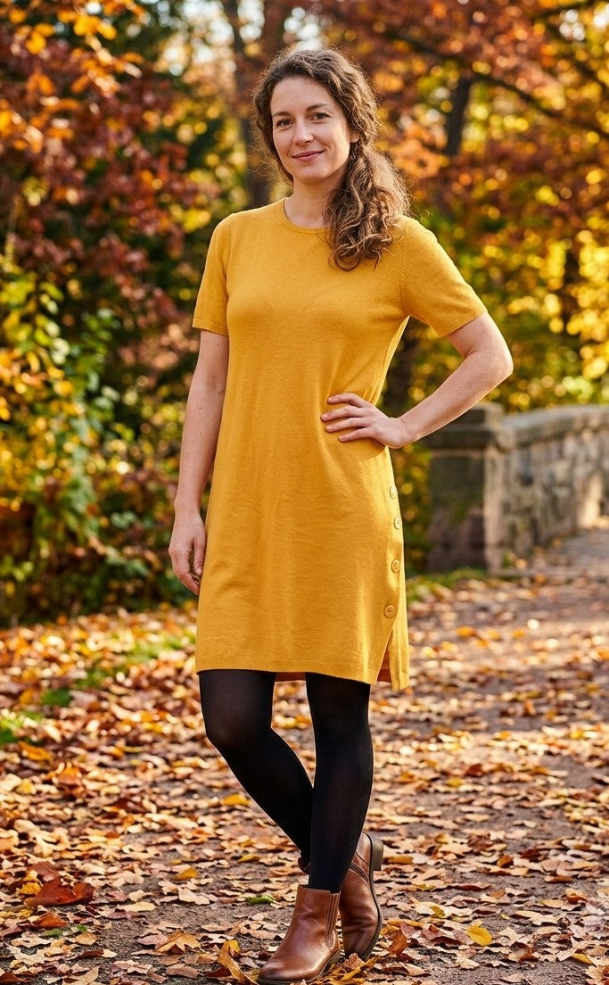 Robe Pull Jaune Moutarde Manches Courtes - Julia Paris- Odalocca