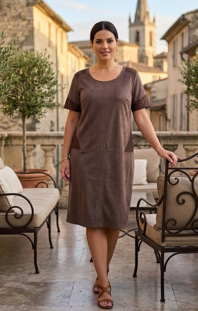 Robe d'Hiver Suédine et Dentelle Marron - Diane Laury- Odalocca