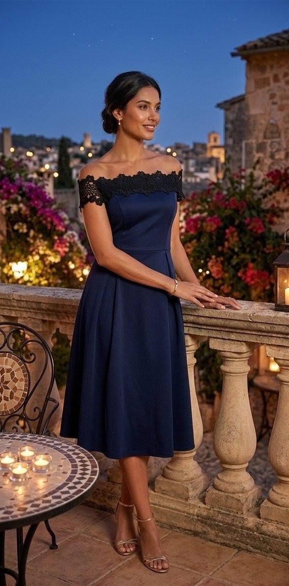 Robe de Cérémonie Bleu Marine Dorothy Perkins – Encolure Bardot & Dentelle Guipure T38