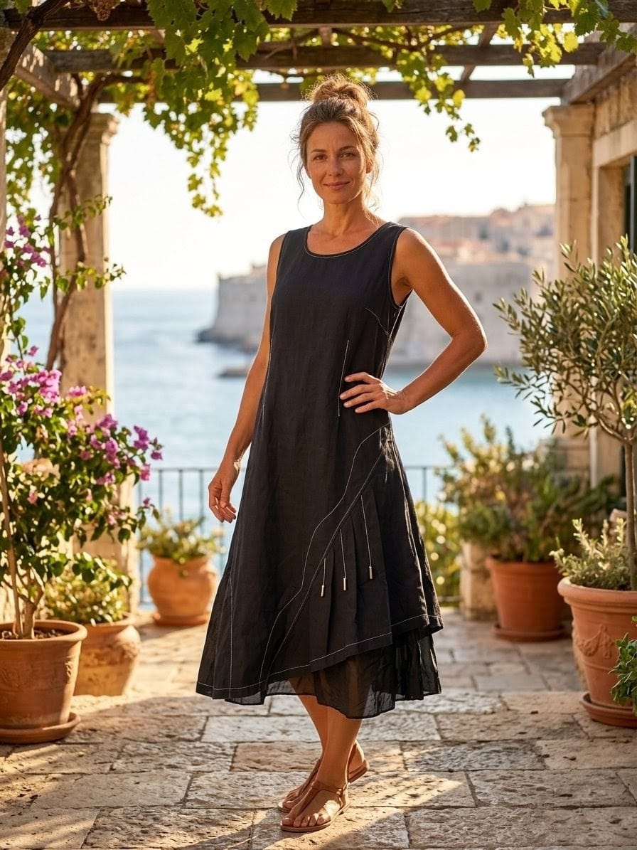 Robe noire coton Jacqueline Riu taille 44 vue de face ou Détail surpiqûres blanches robe noire asymétrique