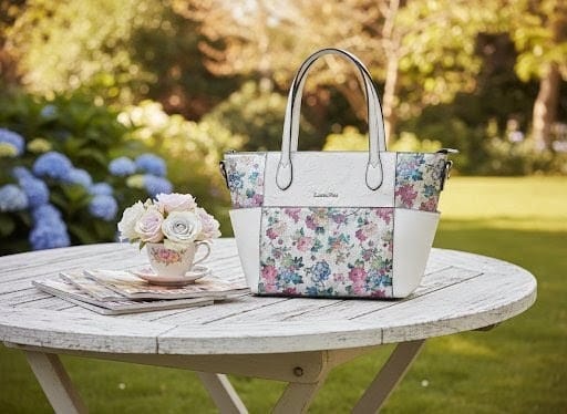 Sac à main en cuir blanc et fleuri, Laura Vita