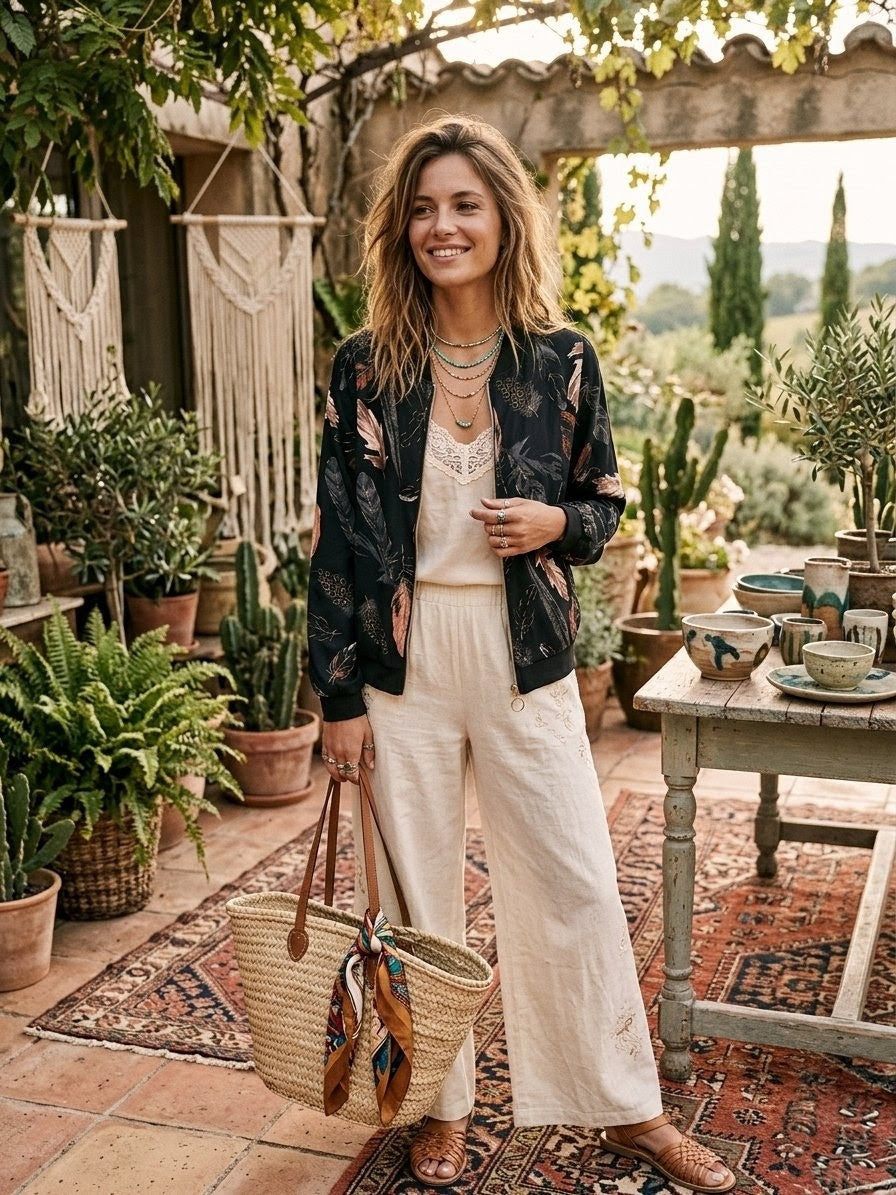Veste Bomber Légère Noire à Motif Plumes - Coupe Fluide.