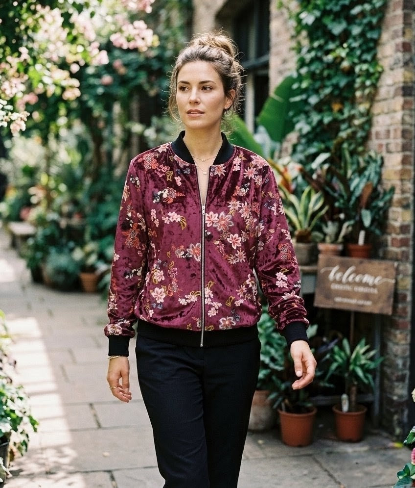 Veste Bomber Velours Bordeaux Imprimé Floral Femme S/M | Veste Chinoise / Japonaise. Odalocca