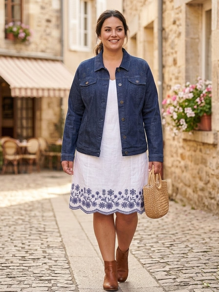 Veste en Jean Marine Broderie Anglaise - Un Jour Ailleurs Paris T46