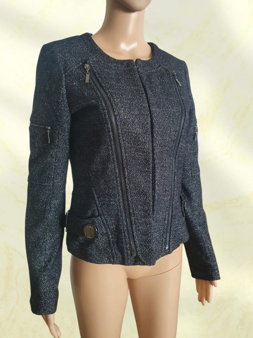 Veste Courte en Laine Chic & Biker Femme – Marque Soggo Collection T36 / S – Noir Moucheté / Effet Tweed