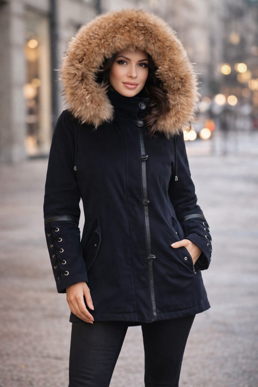 Parka Maje "GOBY"- Bleu Marine- Fourrure & Cuir- Taille 36