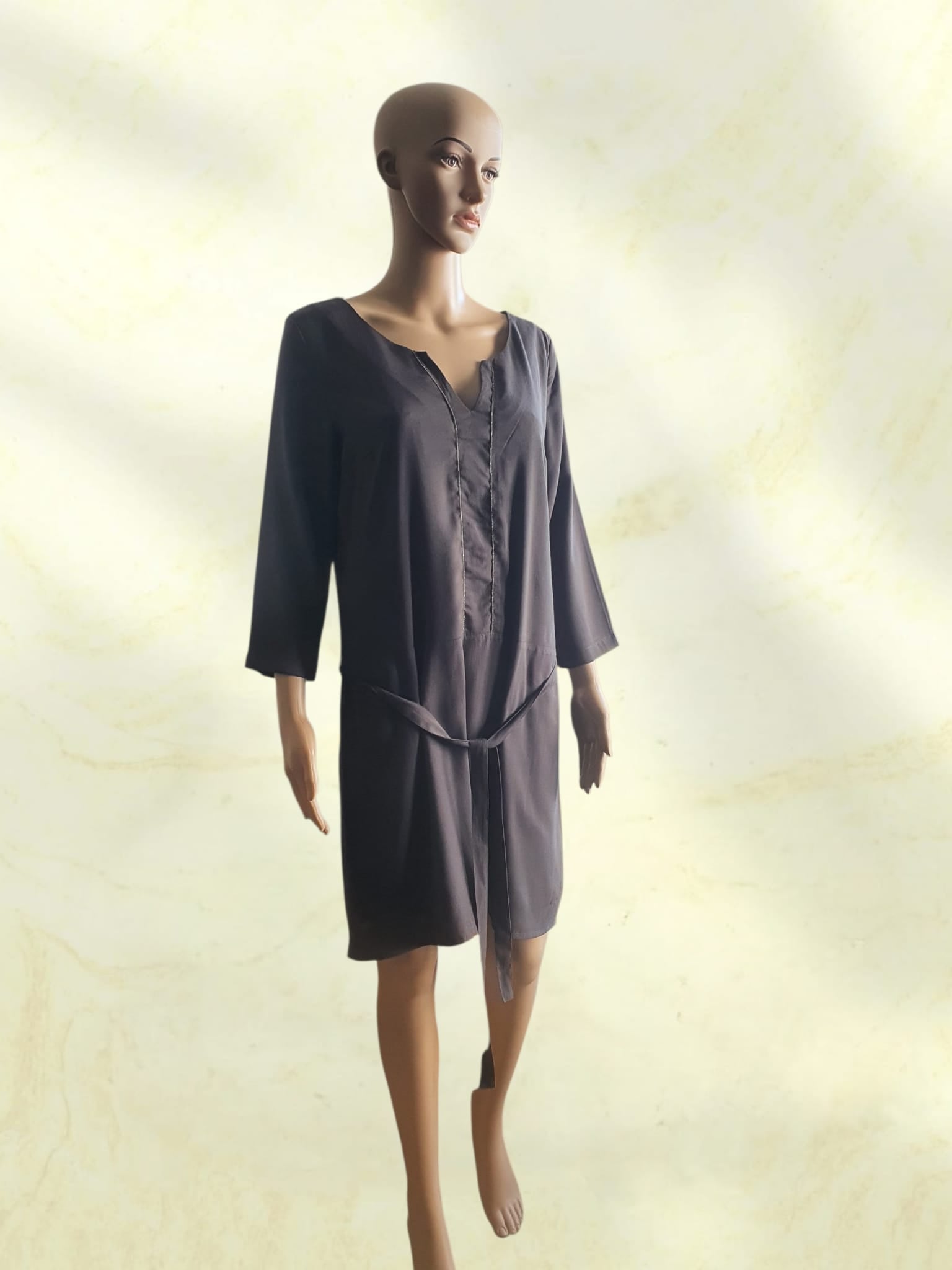 Robe Courte Marron Glacé Foncé Camaïeu – Style Tunique à Plastron Perlé T38