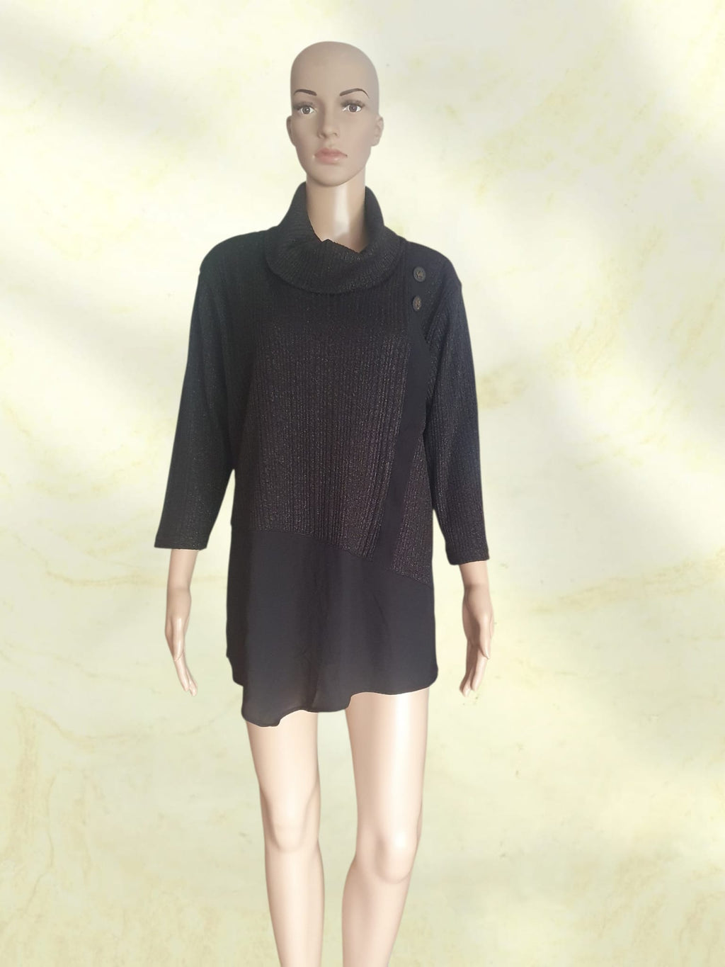 Pull Tunique Noir Scintillant – Coupe Asymétrique & Col Bénitier Chic T46