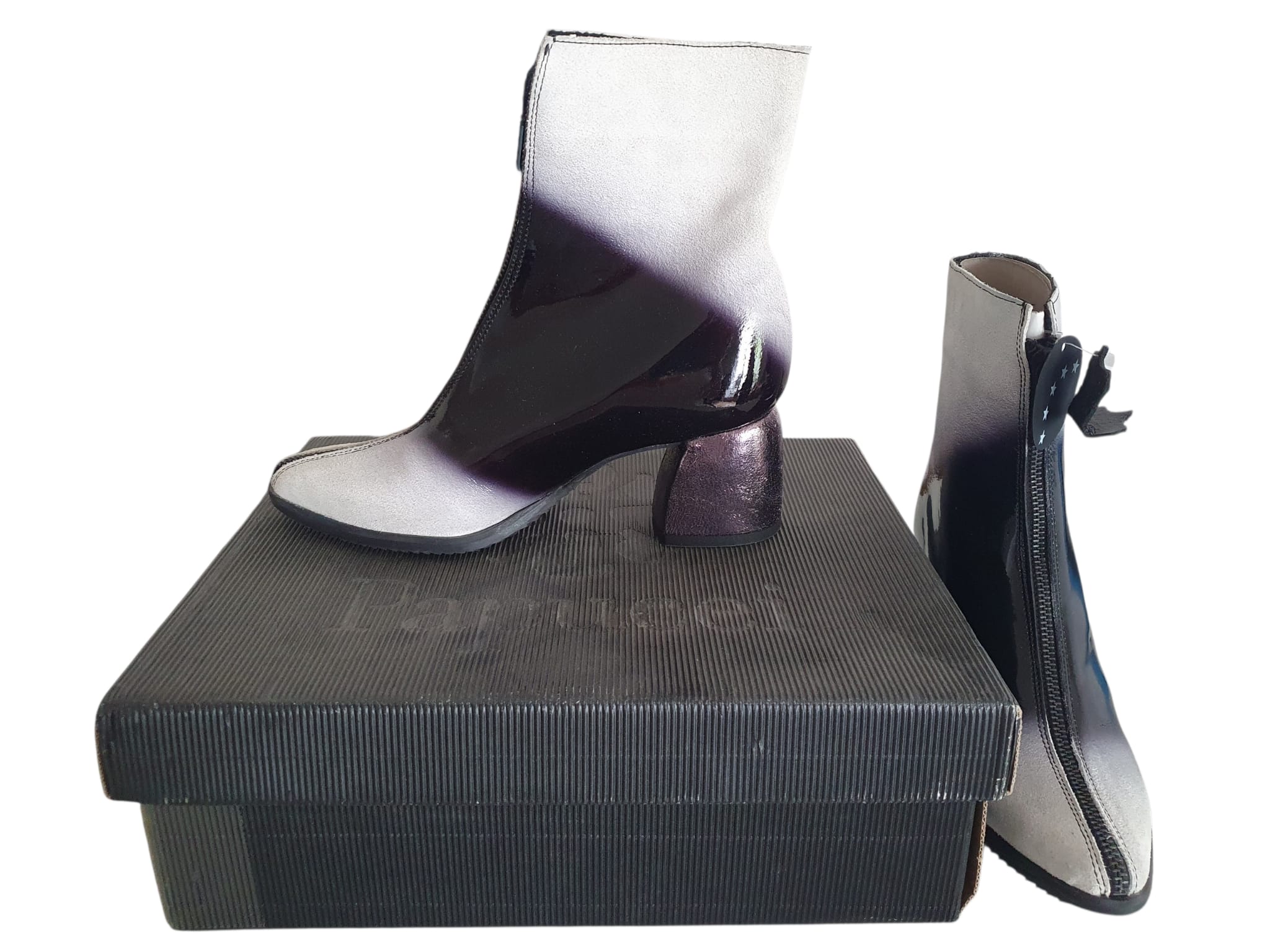 Bottines Papucei Ghost – Cuir Verni Noir, Reflets Violets & Cuir Brut – Pointure 37
