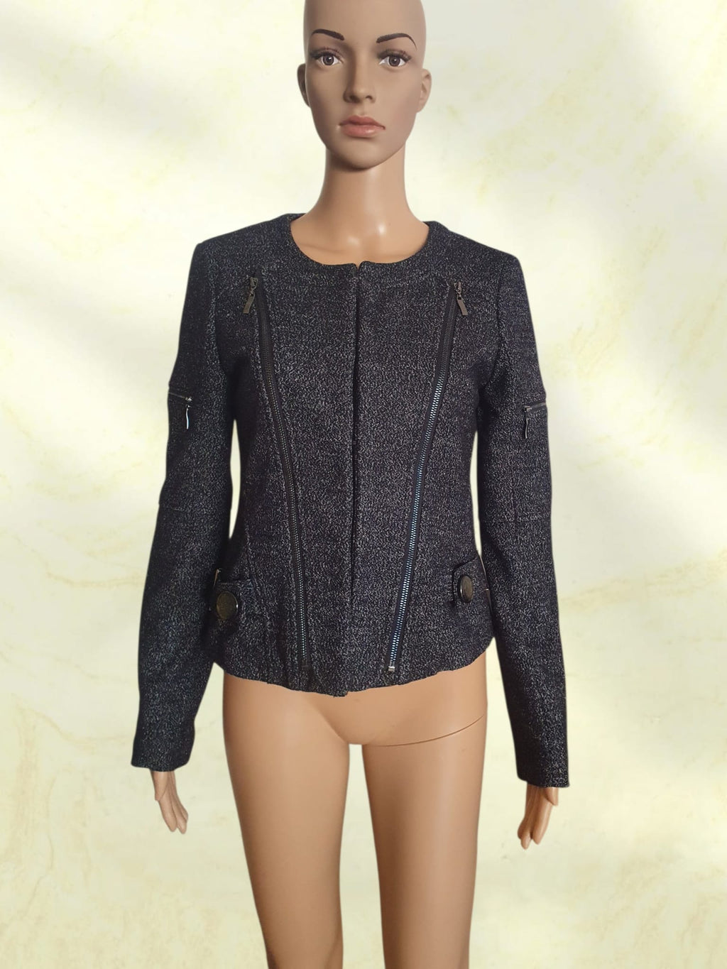 Veste Courte en Laine Chic & Biker Femme – Marque Soggo Collection T36 / S – Noir Moucheté / Effet Tweed