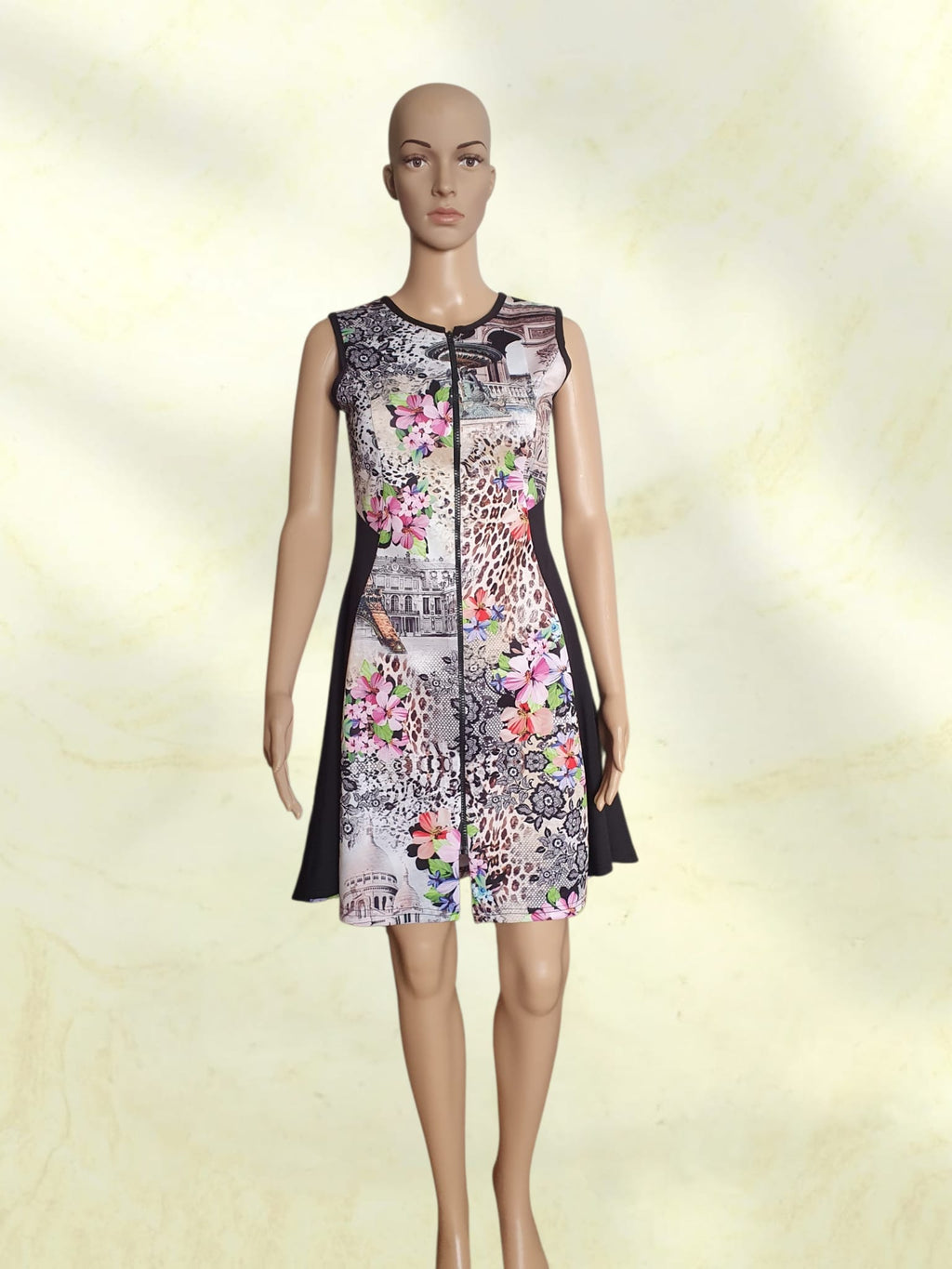 Robe Trapèze Femme Originale - Imprimé Paris & Fleurs - Marque Cocoon - Taille M