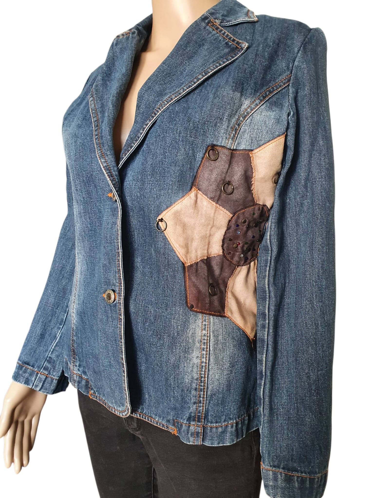 Veste en Jean Ajustée "On Parle de Vous" – Détails Patchwork & Bohème Chic T36