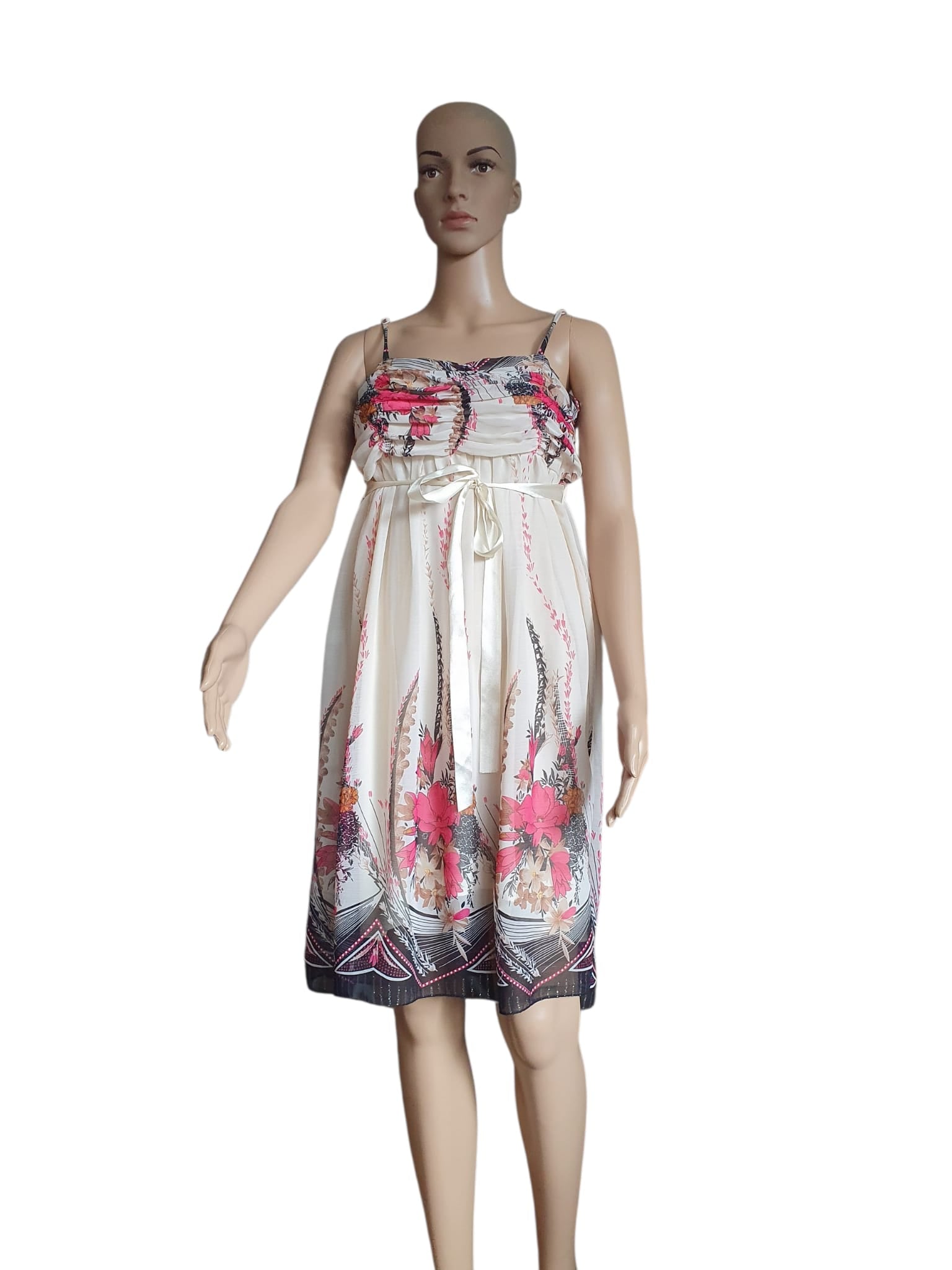 Robe d'Été Bohème en Soie Véritable – Imprimé Floral Rose & Crème Taille M