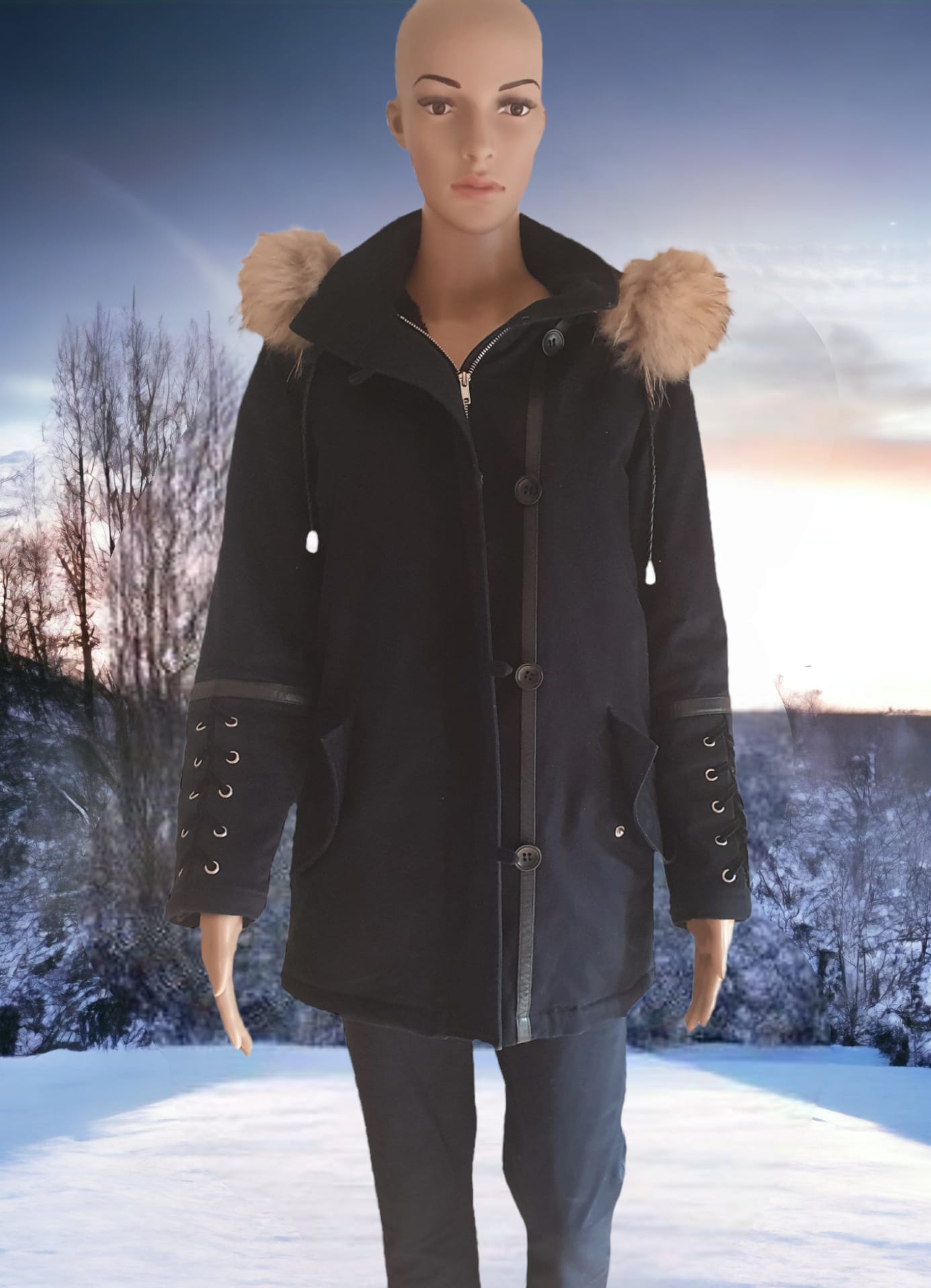 Parka Maje "GOBY"- Bleu Marine- Fourrure & Cuir- Taille 36