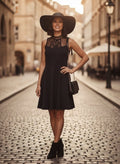 Petite robe noire patineuse chic et élégante.  Détails dentelle. 