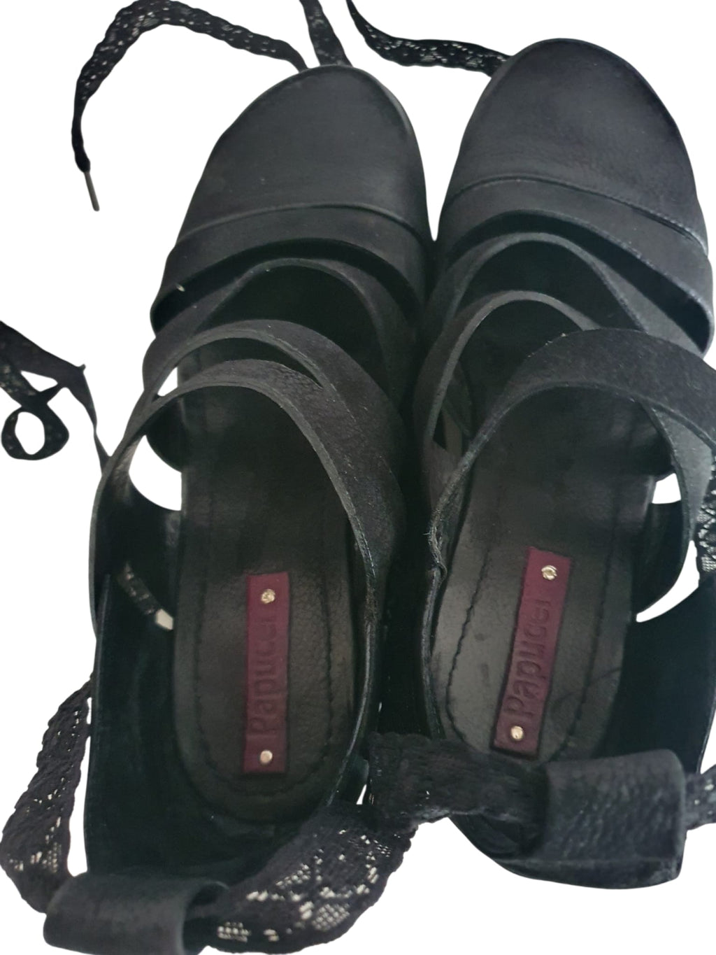 Sandales Compensées Papucei Noires en Cuir et Dentelle – Pointure 40