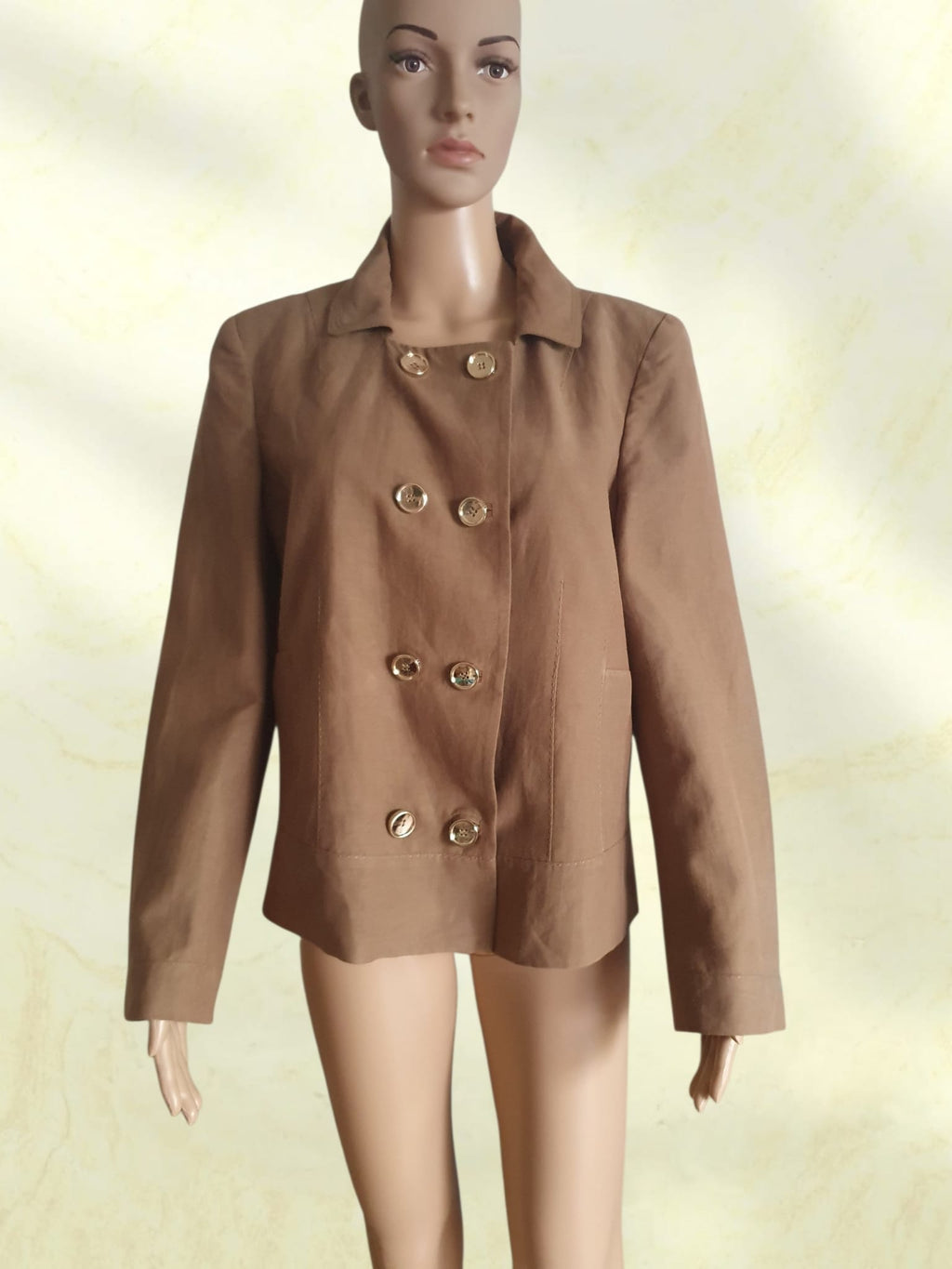 Veste Courte Croisée Apostrophe –  Soie &  Lin – Marron Camel / Chocolat T46