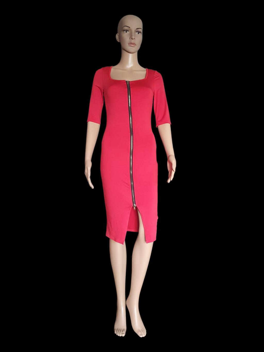 Robe Moulante Rouge à Zip – Robe Midi Fourreau Sexy et Extensible T36