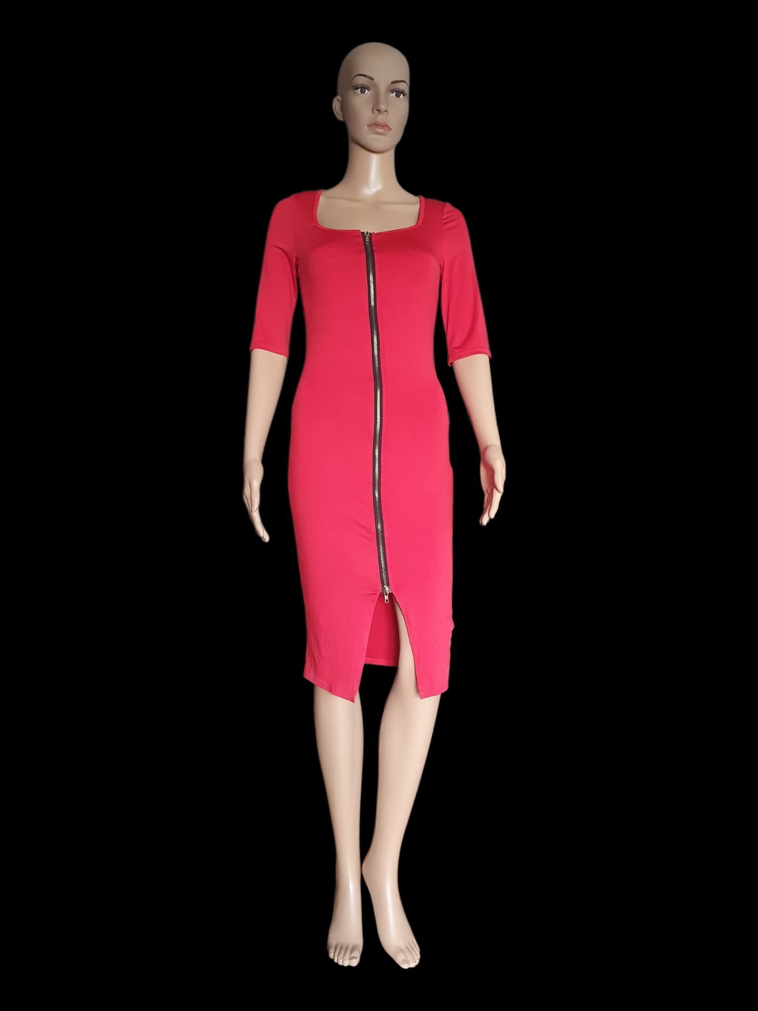 Robe Moulante Rouge à Zip – Robe Midi Fourreau Sexy et Extensible T36