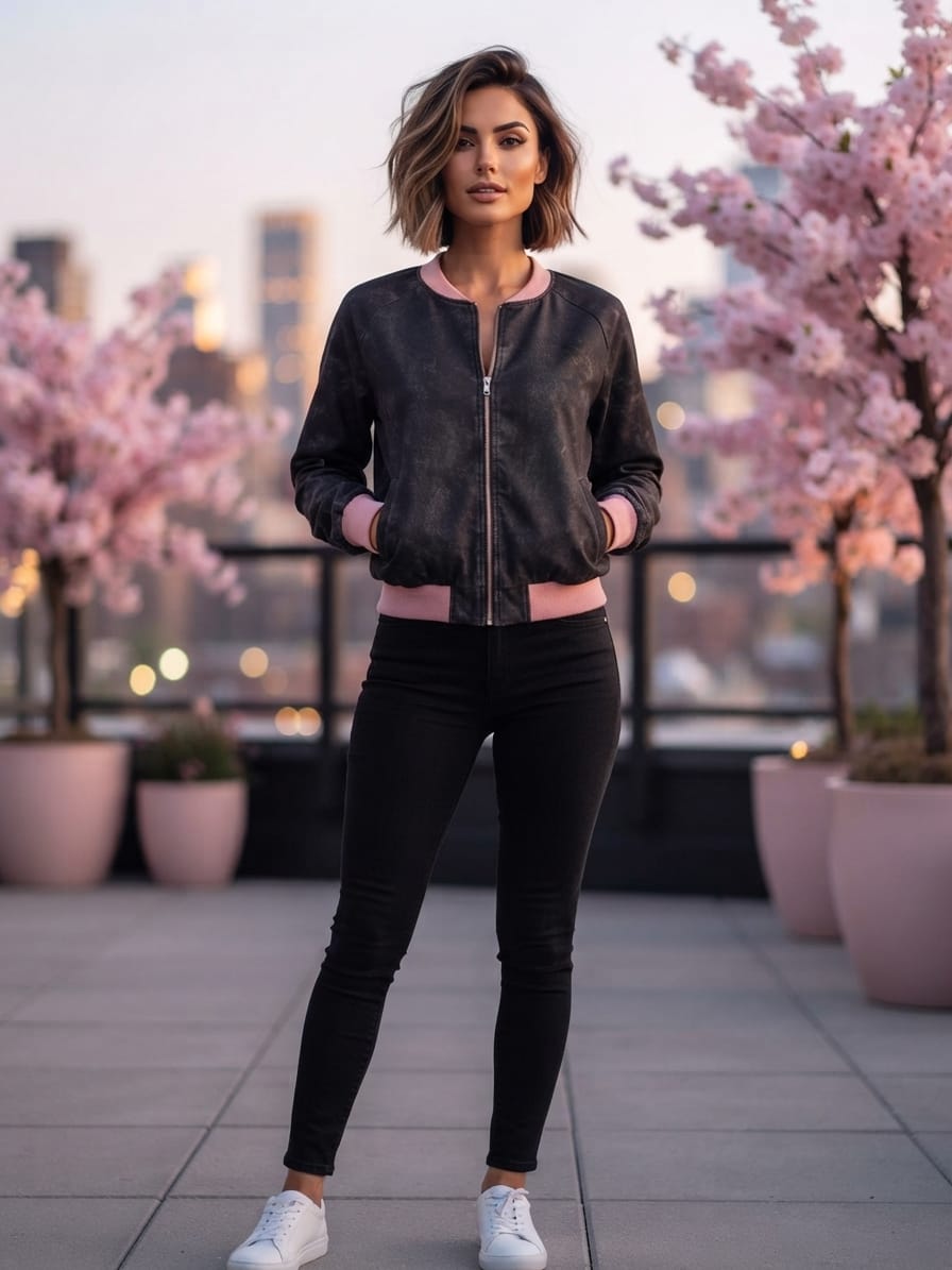 Veste Bomber Zippé Noir & Rose "Alcott" Taille 40